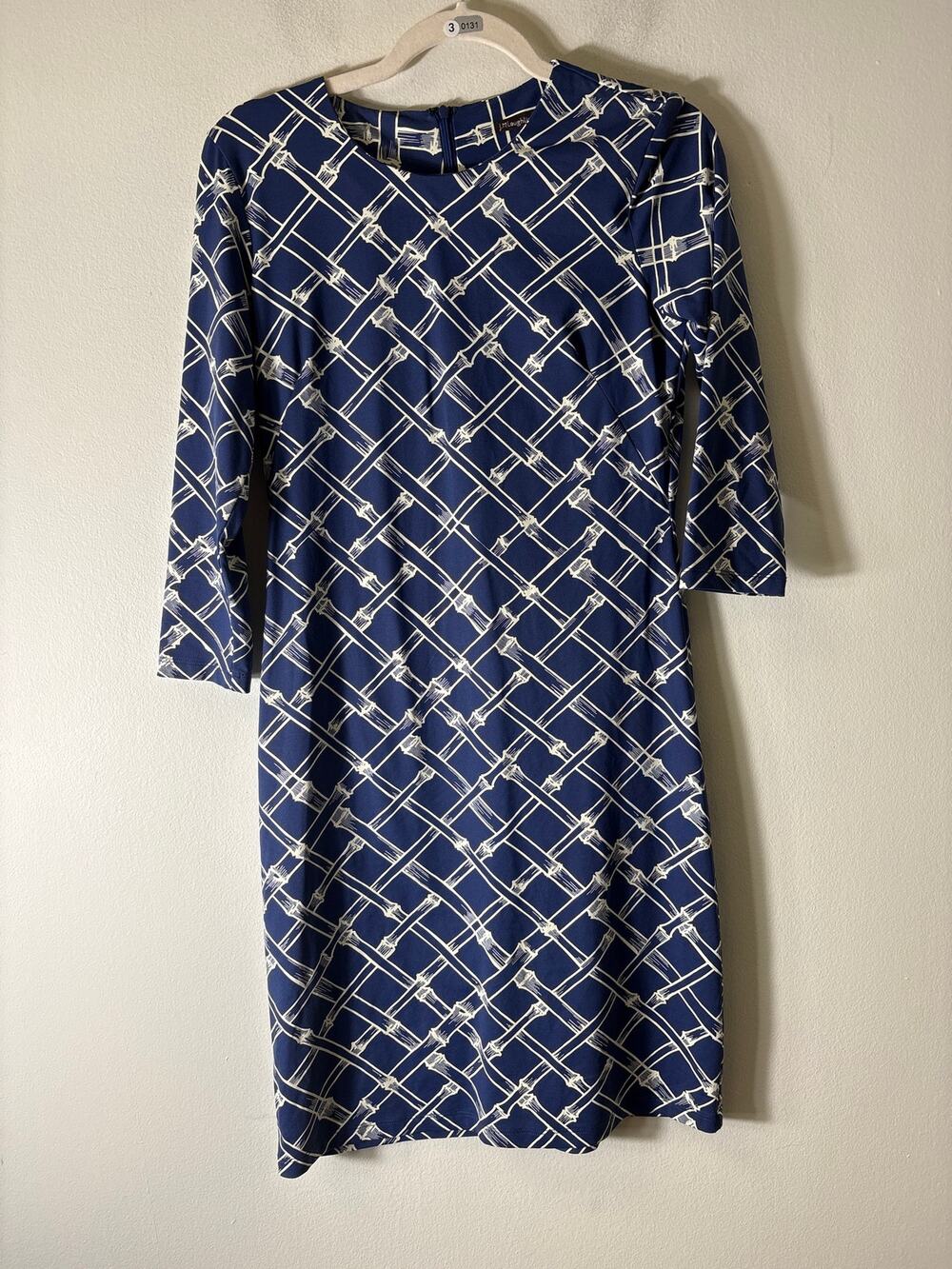 J. McLaughlin Navy White 3/4 Sleeve Knee Length Button Up Dress Sz XS